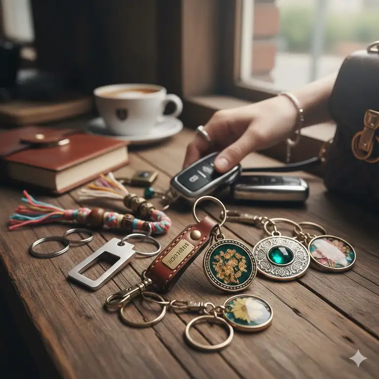 A diverse collection of beautiful key rings in various styles including leather, metal, and gemstone designs.