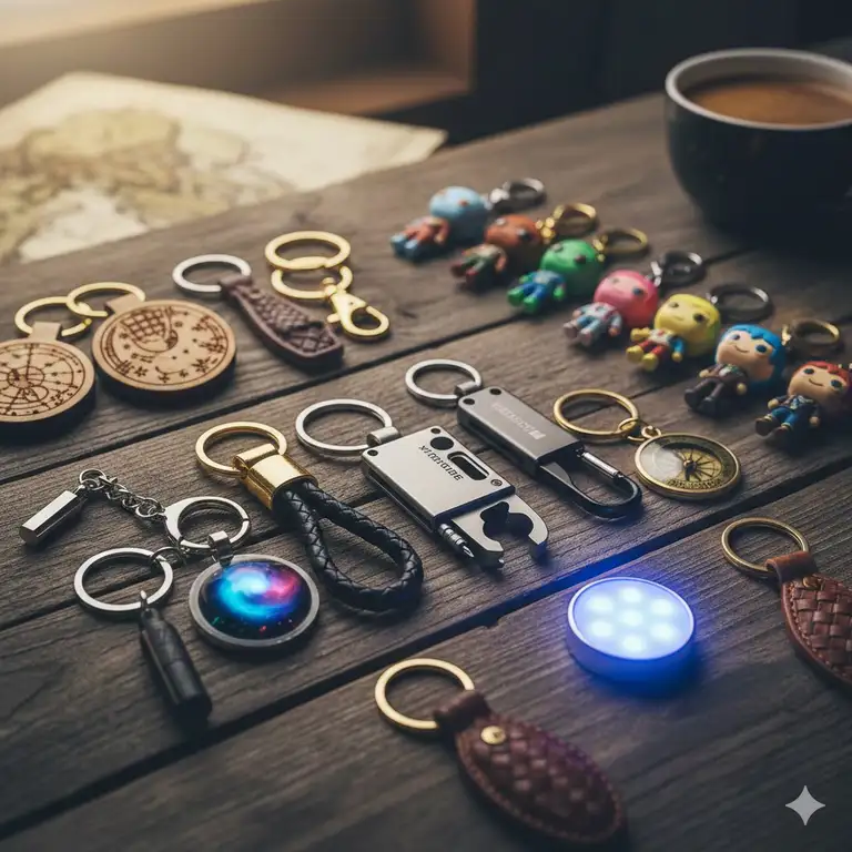 A diverse collection of the most awesome keychains including leather, metal, and light-up designs arranged on a wooden surface.