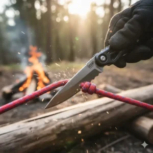 A person using a sharp knife carabiner to cut through a red climbing rope near a campfire.