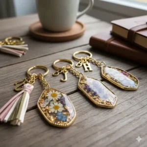 Handcrafted beautiful key rings featuring pressed flowers and gold leaf accents.