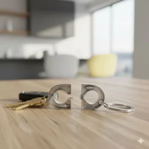 A 2 piece key ring separated into two parts to demonstrate the locking mechanism.