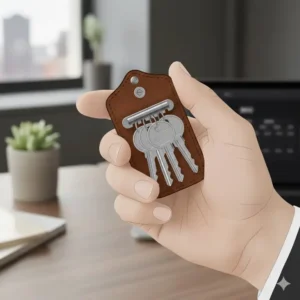 An illustration of a leather key organizer, a silent keychain alternative that stacks keys like a pocket knife.