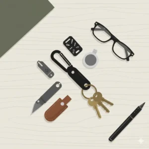 Flat lay illustration of minimalist keychain things and EDC essentials for a simplified carry.