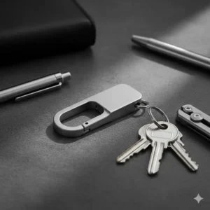 A sleek and minimalist EDC-style titanium piece from our list of the most awesome keychains on a dark desk.