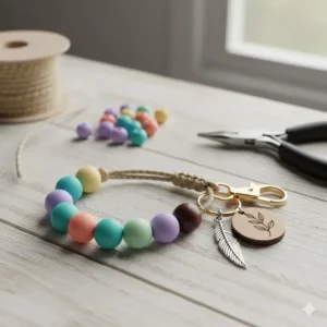 A handmade DIY beaded keychain decoration with colorful silicone beads and a metal clasp.