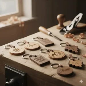 Handcrafted wooden designs featuring engravings, showcasing why these are the most awesome keychains for personalized gifts.