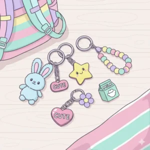 Colorful illustration of cute aesthetic keychain things like plushies and pastel charms for backpacks.
