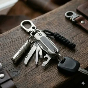 A functional automotive keychains featuring a quick-release valet clip and a small integrated multi-tool.