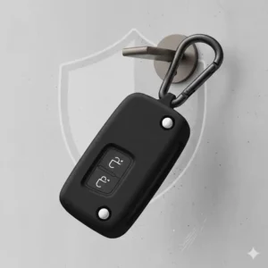 A minimalist black keychain case hanging on a modern wall hook.