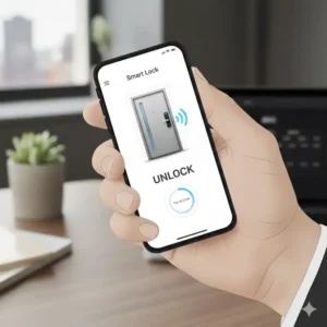 A digital illustration showing a smartphone unlocking a door, representing a high-tech keychain alternative.