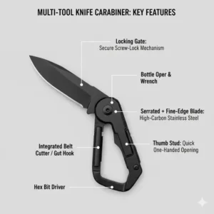 A technical diagram showing the locking gate and blade components of a multi-tool knife carabiner.