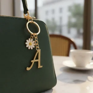 A personalized initial letter keychain decoration in gold hanging on a stylish green handbag.
