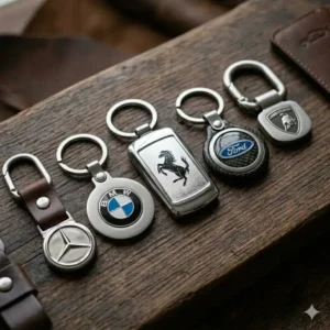 Close-up of various automotive keychains featuring embossed car manufacturer logos on metallic fobs.