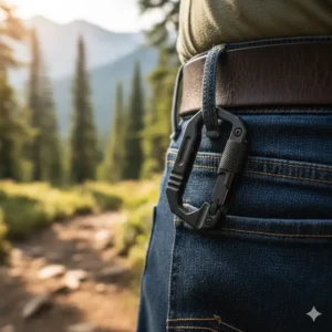 A heavy-duty black knife carabiner securely clipped to the belt loop of denim jeans.
