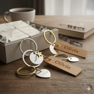 Custom engraved beautiful key rings shown as a thoughtful personalized gift idea.