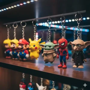 A row of colorful 3D character figures representing the most awesome keychains for movie and gaming fans.