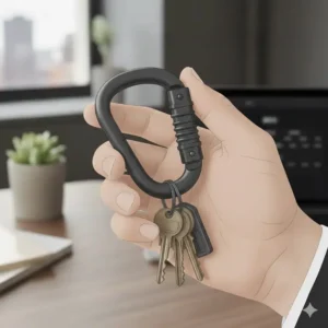 A rugged tactical carabiner clip used as a durable keychain alternative for outdoor enthusiasts.
