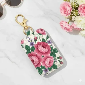 A stylish keychain case with a floral pattern and gold-tone metal clasp.