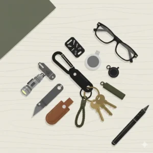 Vector art showing tactical keychain things including a micro-flashlight, carabiner, and bottle opener.