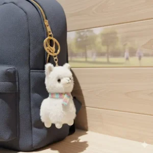 A cute white plush alpaca keychain decoration attached to a blue backpack zipper.