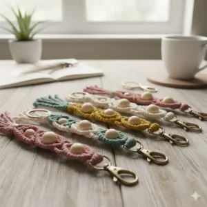 Colorful braided macrame beautiful key rings with wooden bead details.
