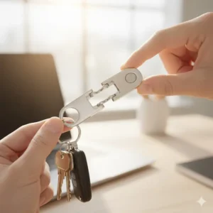 A person using their hand to operate the quick-release feature of a 2 piece key ring.