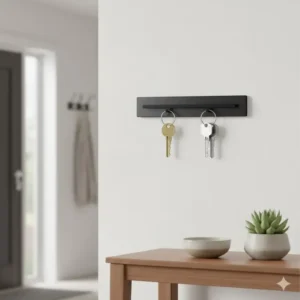 A minimalist magnetic wall mount providing a convenient home-based keychain alternative for easy storage.