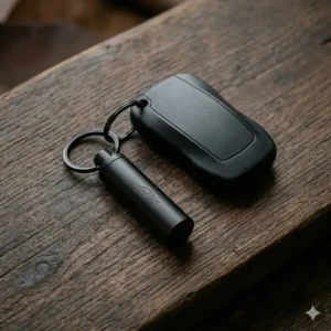 Sleek minimalist automotive keychains in matte black finish attached to a modern car smart key.