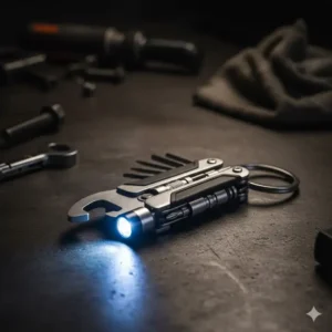 A functional multi-tool design with an LED light, ranking among the most awesome keychains for everyday utility.