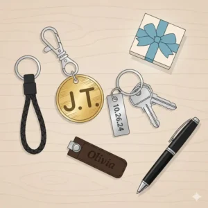 Illustration of personalized keychain things featuring custom initials and engraved metal tags.