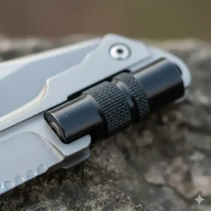 A close-up view of the secure screw-lock safety mechanism on a professional knife carabiner.