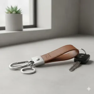 A minimalist brown leather strap keychain decoration placed next to a car key.