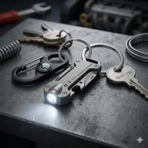 Lightweight carbon fiber automotive keychains with a red accent stitch, designed for sports car enthusiasts.