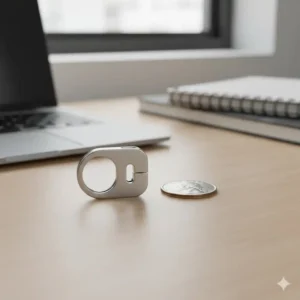 A compact 2 piece key ring placed next to a coin to show its actual size.