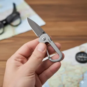 A hand holding a small and lightweight knife carabiner to demonstrate its compact size.