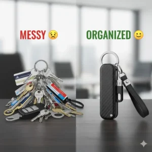 A side-by-side comparison of a messy traditional key ring versus a compact keychain alternative.