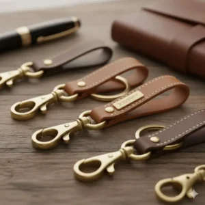 Close-up of premium leather beautiful key rings with high-quality stitching and brass hardware.