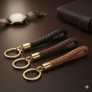 High-quality braided leather accessories with gold rings, perfect for those seeking the most awesome keychains with a luxury feel.