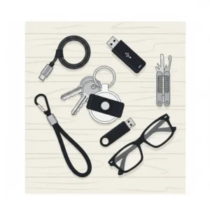Digital drawing of tech-focused keychain things like an AirTag holder and a braided charging cable.