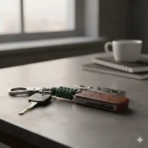 A functional and rugged keychain decoration featuring a paracord wrap and small utility tool.