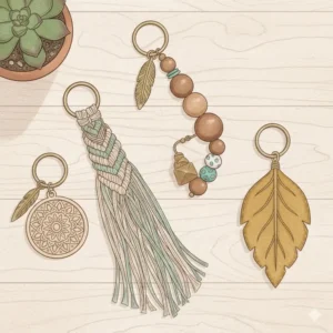 Artistic illustration of handmade boho keychain things with macrame tassels and wooden beads.
