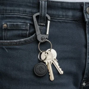 An everyday carry knife carabiner used as a keychain with several metal keys attached.