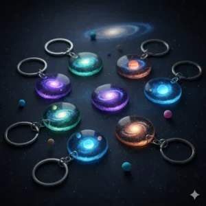 Beautiful glow-in-the-dark galaxy and planet resin charms, some of the most awesome keychains for space lovers.