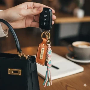 A person holding a set of beautiful key rings attached to a car key and a designer bag.
