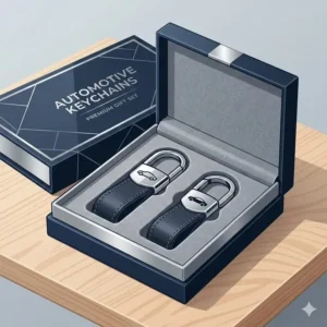 A luxury automotive keychains presented in a velvet-lined gift box, perfect for new car owners.