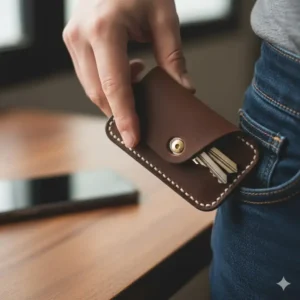 A slim leather wrap-style keychain alternative designed to prevent keys from scratching phone screens.