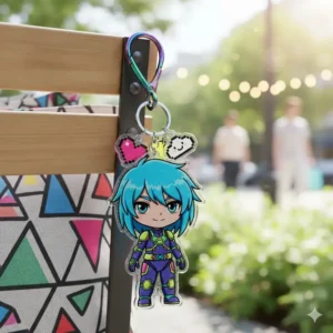 A vibrant acrylic anime character keychain decoration hanging as a decorative bag charm.