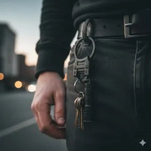 An everyday carry setup featuring a black tactical 2 piece key ring on a belt loop.