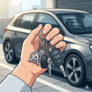 A person holding a set of car keys organized by a heavy-duty stainless steel automotive keychains.