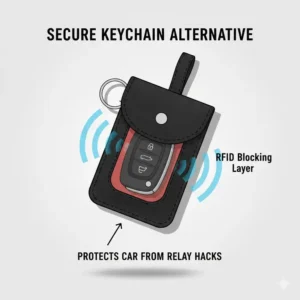 An illustrative diagram of an RFID-blocking pouch, a secure keychain alternative for modern car remotes.